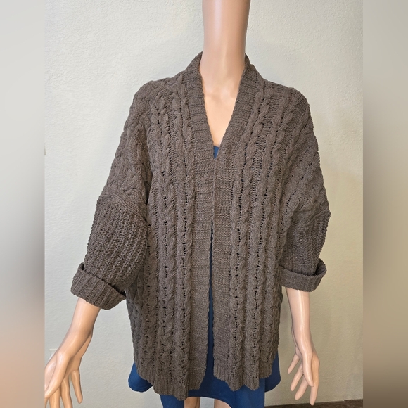 Umgee Cardigan Sweater Women's S/M Brown Chenille Cable Knit Open Front Boho - Picture 7 of 10